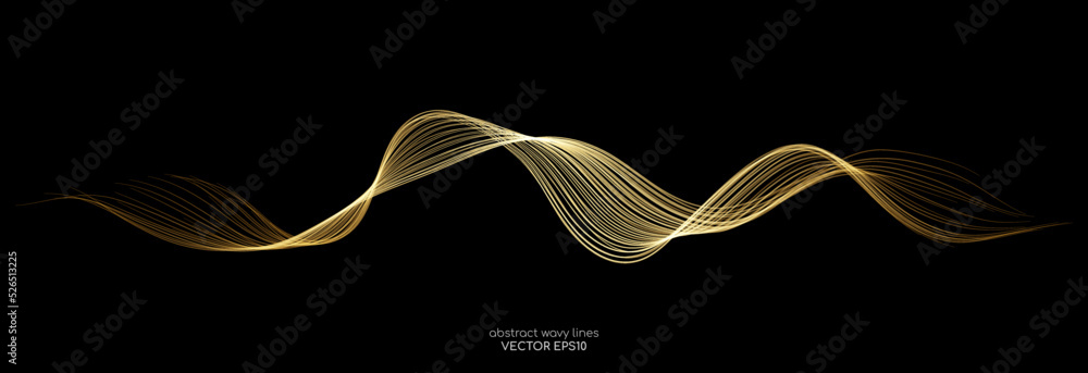 Poster Vector brush stroke wave lines smooth flowing dynamic gold gradient light isolated on black background for concept of luxury, modern, technology, digital, science, music.