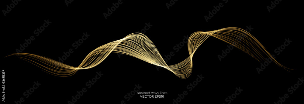 Poster Vector brush stroke wave lines smooth flowing dynamic gold gradient light isolated on black background for concept of luxury, modern, technology, digital, science, music.