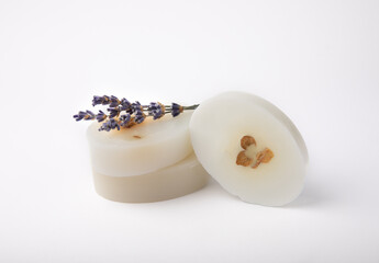 Natural soap with lavender extract. Handmade soap with lavender flowers isolated on white background. spa and relaxation concept.Aromatherapy.Flat lay.Place for text.Place for copy.