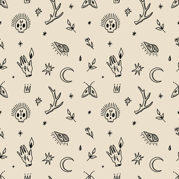 Witchcraft Magic Doodle Things. Vector And Jpg Printable Witchy Doodles Seamless Pattern, Unique Repeat Clipart Illustration Image, Editable Isolated Details. Perfect For Clothes Design, Wrapping