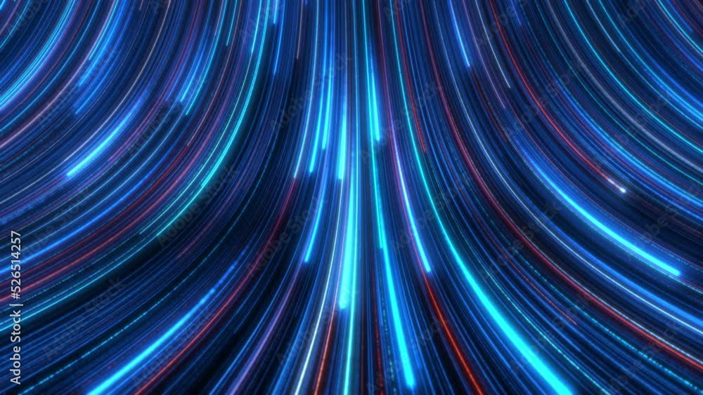 Poster seamless loop abstract colorful glow light trail with blue red particles background.