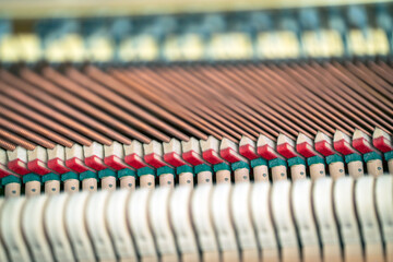 Details and closeup of keys Inside a classical piano. Musical and instrument concept.