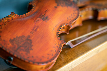 Wooden violin music instrument photography. Audio, artist and concert concept.