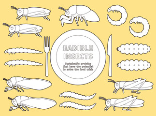 食べられる昆虫のイラストセット　白塗り