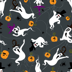 Obraz premium Halloween pattern of ghostly spiders, cobwebs, pumpkins on a gray background.For fabrics, for printing brochures, posters, parties, vintage textile design, postcards, packaging.
