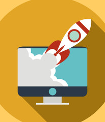 Rocket flying out of the monitor. Flat design colored icon of space rocket flying around Earth, concept for business startup