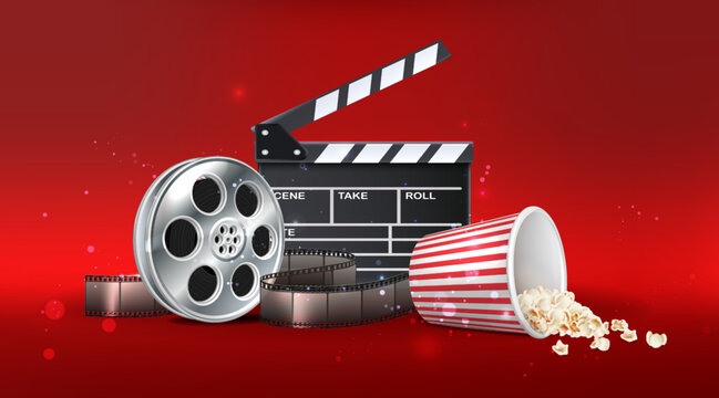 3d realistic vector icon illustration. Movie night time background. With red bucket of popcorn, movie clap board, movie roll. Isolated on red background.