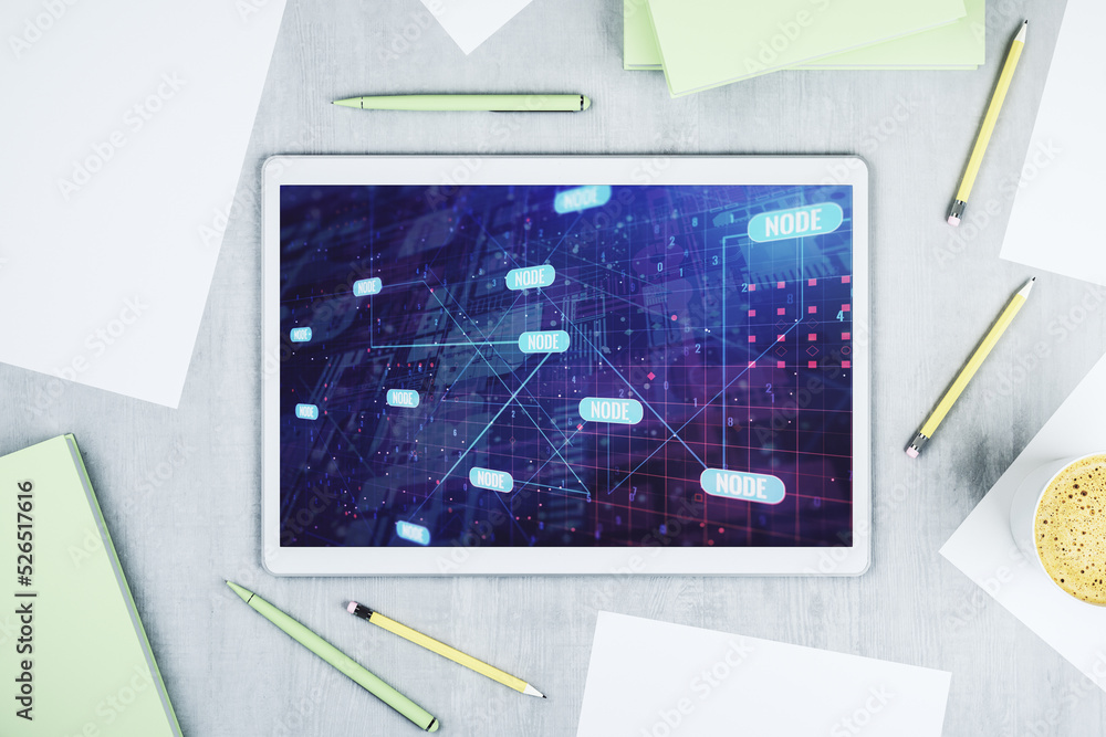 Fototapete modern digital tablet monitor with abstract programming language, research and development concept. 