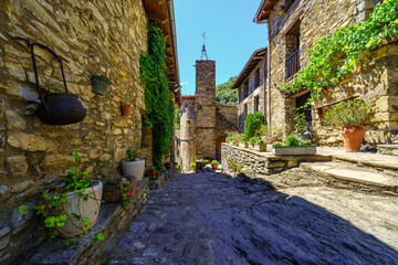 Picturesque alley with houses made of stone and pots with flowers in the medieval village of Beget,...