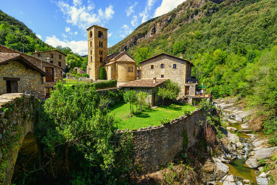 Spectacular mountain village with old houses made of stone and Romanesque church with bell tower, Beget, Girona, Catalonia.