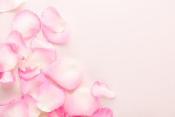 Naklejka na ściany i meble Rose flowers petals on pastel background. Valentines day background. Flat lay, top view, copy space.