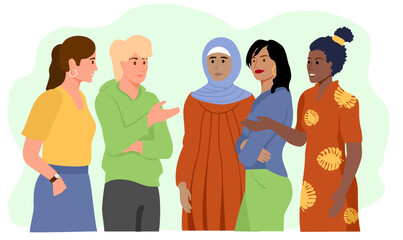 Multinational women friends talking together. Diverse girlfriends together. Different nationalities and races. Cute friends communication. Vector illustration in flat cartoon style