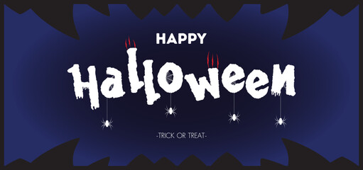 Happy halloween text banner with spider, spider web, isolated on blue background, font design , sale template ,website, poster, vector illustration