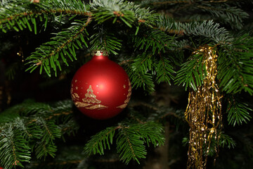 Rote Weihnachtskugel und Lametta am Tannenzweig