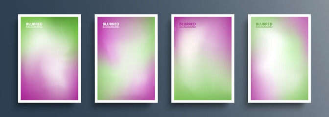 Set of color blurred backgrounds with modern abstract soft color gradient patterns. Green and purple. Templates collection for brochures, posters, banners, flyers and cards. Vector illustration.