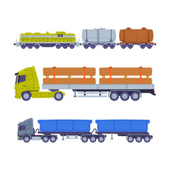 Freight railway and road transport set. Logistics industry and cargo transportation flat vector illustration