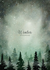 Green Watercolor misty pine forest and snow winter background - 526522249