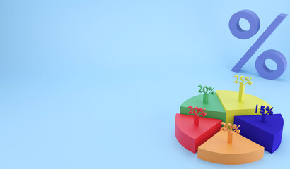 3D rendering piece of pie chart. 3D illustration percentage of piece of business planning concept on blue background