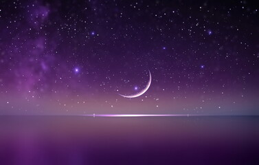 Obraz na płótnie Canvas purple blue starry sky and full moon sunset nebula comet meteor stars fall shower lilac pink reflection on sea with planet flares universe nebula telescope