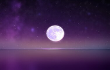 Fototapeta na wymiar moon on blue lilac starry sky reflection on sea with planet flares universe nebula