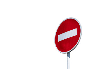 Road sign No entry. Brick sign isolated on white background right view.