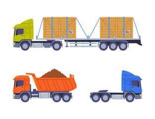 Road cargo transport set. Logistics industry and freight transportation flat vector illustration