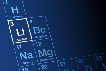 Lithium, chemical element on periodic table of elements. Alkali metal, with element symbol Li, from Greek lithos, stone. Atomic number 3. Used for heat resistant glass and ceramics, and for batteries. - obrazy, fototapety, plakaty