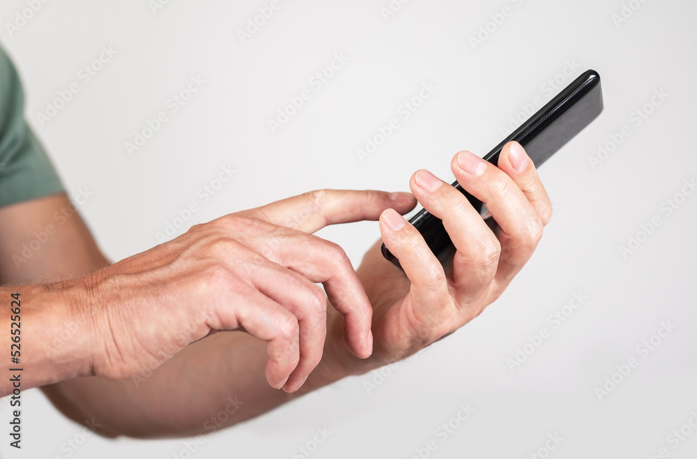 Poster man clicking ok button at phone or swiping screen. male using smartphone for surfing internet, sendi