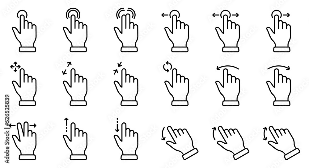 Poster gesture slide left and right line icon set. hand finger touch, swipe and drag linear pictogram. pinc