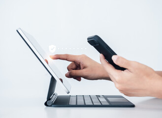 Two steps authentication or 2FA concept. Virtual safety shield icon while access on phone with...