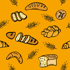 Seamless pattern with different breads and homemade baked products, baguette. Bakery goods background for cooking book, prints, wrapping paper