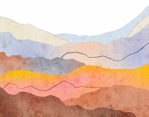 watercolor wavy mountain silhouette, abstract textured background with hues of yellow gold and purple shapes