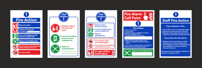 Fire action notice sign instructions vector set. Five different version. - obrazy, fototapety, plakaty