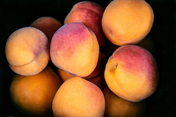 Fototapeta na wymiar Ripe fresh peaches on a black background. Beautiful peaches. Close-up