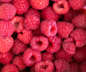 Background of ripe fresh raspberries. Selling raspberries at the farmers market. Close-up.
