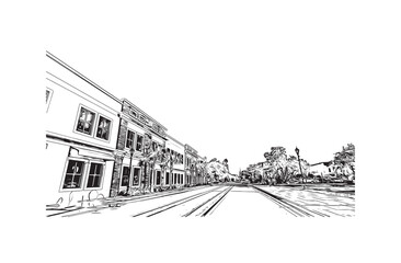 Building view with landmark of Ocala is a city in central Florida. Hand drawn sketch illustration in vector.
