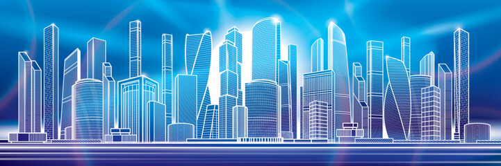 Modern town. Urban city complex. Business center. Neon glow. Citycape pamorama. Infrastructure outlines illustration. White lines on blue background. Vector design art