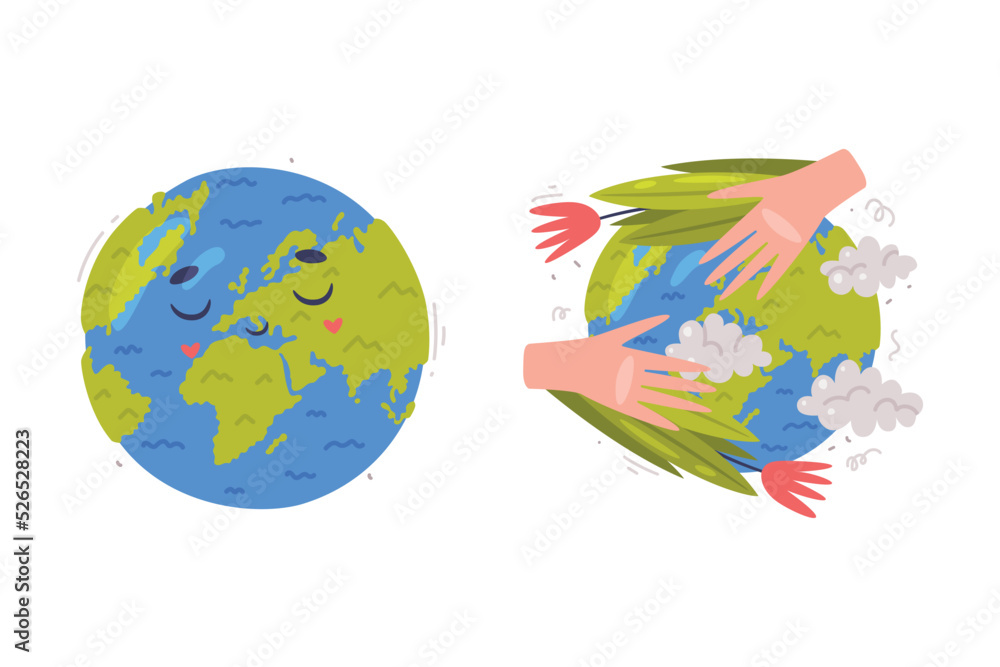 Poster smiling earth globe and hands embracing globe as ecology and environment protection and conservation
