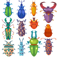 Set of cartoon insects of different species. Vector colorful beetles isolated on white background