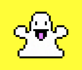 Obraz premium Pixel art 8 bit style: a funny happy ghost showing its tongue. 
