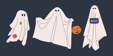 Set of halloween cloth ghosts in different poses. Halloween scary ghostly monsters, spirits with nameplate, patch. Floating phantoms with pumpkin basket for Trick or Treat. Creepy boo, spooky.