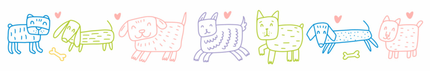 Hand-drawn pattern of cute dogs. Vector illustration of a collection of dogs drawn in the style of doodles.