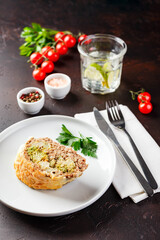 Dinner table with different dishes, set menu for nutritious healthy lunch in restaurant, business lunch