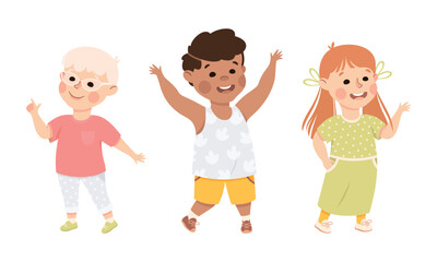 Little Boy and Girl Standing and Talking to Somebody Engaged in Friendly Communication Vector Set