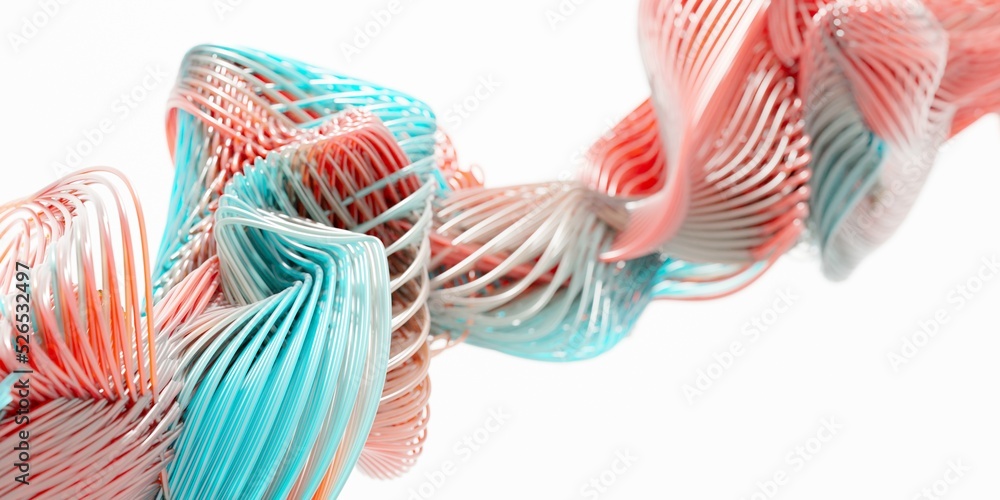 Poster set of transparent cyan and red twirling mesh array tube lines isolated on white background, abstrac