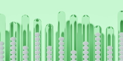 White spheres stacked in glass tubes with different heights on green background, abstract data visualisation  or science, business or research modern minimal concept