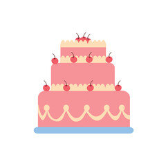 Three-tiered cake with fresh cherries. Color image on a white background. Flat style.