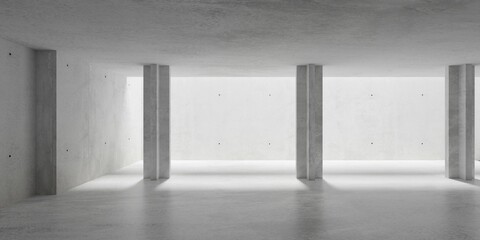 Abstract large, empty, modern concrete room with sunlight from back, pillars and polished floor - industrial interior background template