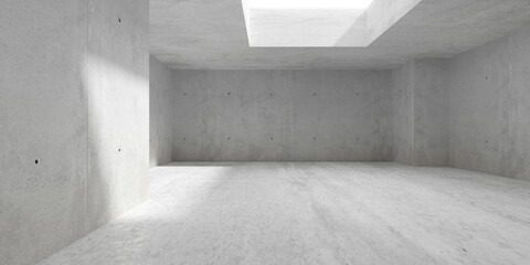Abstract large, empty, modern concrete room, with central ceiling opening and rough floor - industrial interior background template