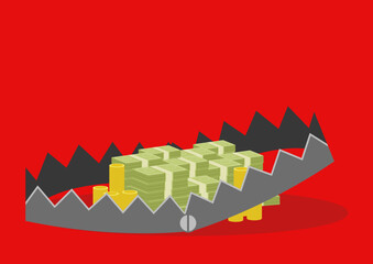 Pile of money in bear trap on red background